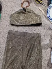 Chain Detail Backless Halter Top & Split Hem Pants Gold and Black Medium M