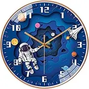 QINFIEY 12 Inch Silent Movement Kids Wall Clock, Non Ticking Children Round Wall Clock Battery Operated Space Travel Style Decor Children Clock for Home School Boys Bedroom Living Room (Blue)