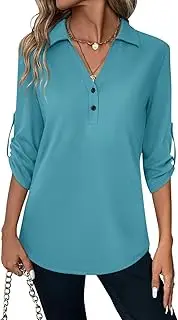 [TICTICMISS] Women's 3/4 Length Rolled Sleeve Tunic Tops Collared V Neck T Shirts Summer Blouses