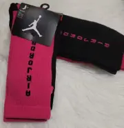 2 Pair Air Jordan High Crew Girl's Socks, Fuchsia/Black. SZ 5Y-7Y