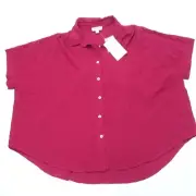 EE:Some Blouse Top Women's Medium Pink 100% Rayon Short Sleeve Cropped Button-Up