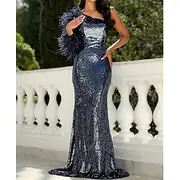 Black Tie Mermaid / Trumpet Evening Gown Elegant Dress Formal Wedding Sweep / Brush Train Sleeveless One Shoulder Sequined with Feather 2025