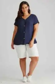 SIZE 22 WOMENS DARK NAVY BLUE SHORT SLEEVE BUTTON FRONT AUTOGRAPH TOP