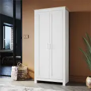 White Solid Wood Wardrobe with 2 Doors 180cm Clothes Closet for Hanging Clothes, White