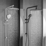 ACA Shower Head Set 12" Rain 3-MODE Handheld Heads Gooseneck Rail Wall Arm Round Chrome Black WELS High Pressure