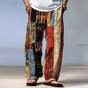 Men's Color Block Patchwork Pants Trousers Mid Waist Drawstring Elastic Waist Hawaiian Casual Outdoor Party Evening Wear Holiday Straight Leg Trousers Summer S