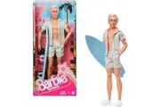 Barbie The Movie Ken Doll Wearing Pastel Pink and Green Striped Beach Matching Set with Surfboard and White Sneakers