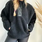 NEW ATHLETA Classic Black Sherpa Teddy Coat Half Button Jacket Sweater L NWT