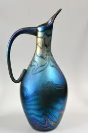 Blue Luster Decanter Vase With Red Pulled Feather Design By Saul Alcaraz.