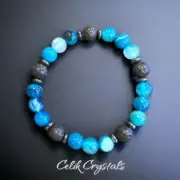Blue Agate & Lava Bracelet Natural Stones 8mm Stretch Beads Unisex