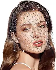 [ALLGAYER] Black Fascinator Hat with Veil, Mesh Veil Headband, 1920s Style Rhinestone Headband, Bridal Wedding Prom Party Holiday Tea Party Fascinator Veil for Woman Girl, Black, One Size