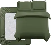 Double Duvet Set Olive Green Brushed Microfiber 4 Piece Double Bedding Set with Fitted Sheet and Pillowcases Soft Breathable Duvet Cover Sets