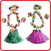 ADULTS CHILDRENS GIRLS TROPICAL HAWAIIAN DANCE HULA SKIRT LEI SET 5PC PINK/GREEN