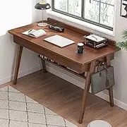 Solid Wood Writing Desk with Drawers and Storage Shelves, Mid Century Home Office Desk with Hooks, Study Desk and PC Table Workstation Furniture for Small Spaces