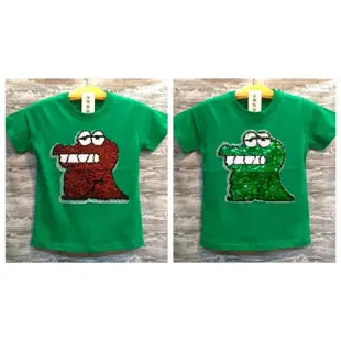 鱷魚山先生 亮片翻轉 蠟筆小新餅乾 台灣製造 棉100% 綠色 T恤