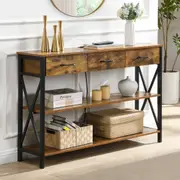 HOMFURN Console Table with 3 Drawers and USB Charge Station, Industrial Entryway Table with 3 Tier Storage Shelves