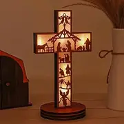 3D Wooden Nativity Scene Book Display with Light, Nativity Sets for Christmas Indoor, Nativity Set with Figures Luminous Book Tabletop Ornaments for Bedroom Living Room Easter Christmas (Cross)