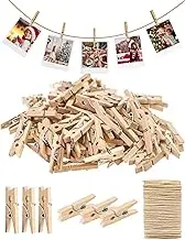 Sturdy Mini Clothes Pins for Photo, 150 Pcs 1 Inch Natural Wooden Clothespins with 33 FT Jute Twine, Small Clips for Crafts Display, Baby Shower Game, Hanging Decorative Pictures, Cocktail, Weddings