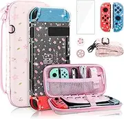 FANPL Cute Carrying Case Bundle for Nintendo Switch Case, Pink Switch Case Accessories Kit with Flower Hard Travel Case, Glitter Sakura PC Cover, Adjustable Strap, Screen Protector, Thumb Grip Caps