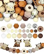 Highland Cow Silicone Beads Animal Shaped Beads Brown White Loose Cow Printed Bead Colorful Flat Round Spacer Beads for Making DIY Necklaces Bracelet Keychain,