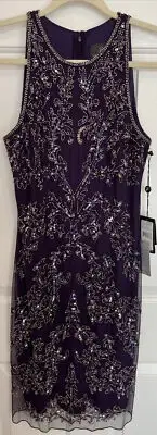 Adriana Papell Amethyst Beaded Sequin Halter Cocktail/Evening Dress Size 6 NWT