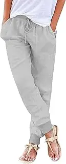 Womens Linen Pants Joggers Casual High Waisted Drawstring Trousers Lightweight Summer Beach Pants with Pockets