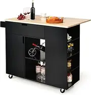 Giantex Kitchen Island Cart, Large Trolley Cart w/Drop-Leaf Tabletop, Large Cabinet, 3 Drawers, Spice Rack, Towel Rack, Rolling Serving Trolley Cabinet, Kitchen Island Trolley (Black)
