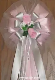 6 PINK ROSES PINK/SILVER flora Satin Ribbon Pew Bows for Weddings