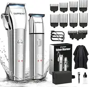 SUPRENT Hair Clippers for Men Waterproof - Professional Hair Clippers Set with T-Bladed Beard Trimmer Type-C Rechargeable, Cordless Clippers and Trimmers Set for Barbers (Silver)