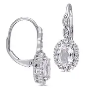 Oval White Topaz and Diamond Accent Frame Drop Earrings in 14K White Gold