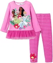 [Disney] Frozen Princess Anna Elsa Baby Girls Long Sleeve Ruffle T Shirt Dress Pants Leggings Outfit Set, Pink-1, 5-6 Years