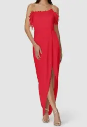 $295 Aidan Mattox Women's Red Strapless Feather Trim Tulip Gown Dress Size 0