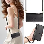 [PONRFEKT] Phone Case for Samsung Galaxy A70 / A70S,Flip Case Leather Wallet Case with Card Holder Zipper Wallet with Lanyard Wristlet Protective Phone Case for Samsung Galaxy A70 / A70S-Black