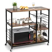 Costway Retro Microwave Oven Shelf Rack Kitchen Island Trolley Cart Buffet w/Wire Basket&Hooks