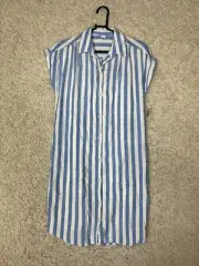 Old Navy Shirt Dress Womens XS Blue White Stripe Button Up Lined Linen Blend