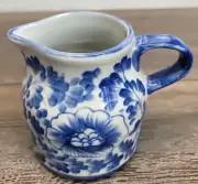 Hand Painted Vintage Blue & White Pitcher Creamer Cup 3.5"x4"