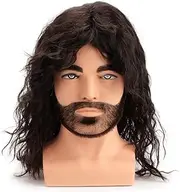 BERRYLION 80s Outfit for Men|Synthetic Curly Mens Wig|Long Rocker Wig for Men|Mens Wig for Party (Brown)