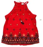 Mudd Boho Style Crochet Trim High Neck Tank Top Red With Elephant Necklace Girls