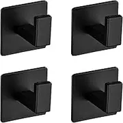 4 Pack Adhesive Towel Hooks, Heavy Duty Aluminum Wall Hooks for Bathroom, Kitchen, Office – Matte Black Hanging Hooks for Towels, Robes, Coats, Hats, Clothes, Shower & Door (Black)