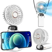 Portable Handheld Fan, Battery Operated Fan with Base, Hanging Neck Portable Fan, 5 Speeds, 90° Ajustable, Rechargeable Mini Fan for Outdoor Indoor (White)
