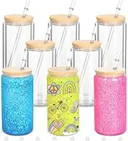 Micellwuu 8 Pack 16 Oz Sublimation Snow Globe Tumbler, Snow Globe Cups with Pre Drilled Hole, Double Wall Beer Can Glass Mason Jar Mug with Bamboo Lids and Straws for Snowglobe DIY