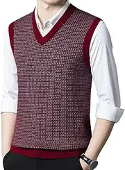 [SWJGLITTR] Men's V-Neck Sleeveless Knit Vest Slim Fit Casual Pullover Sweater Vests Knitted Cotton Casual Sweaters Vest, Wine Red, X-Large