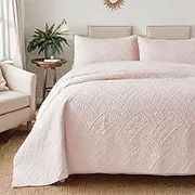 Brandream Quilts Cotton Queen Size Quilt Set Luxury Matelasse Coverlet Set Light Pink Quilted Comforter Set 3-Piece