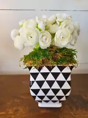 Mini Faux White Ranunculus in Black and White Ceramic Vase