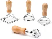 MOTRAIN 4-Pack Ravioli Stamp & Cutter Set, Wooden Handle Pasta Tools with Fluted Wheels, Stainless Steel Dumpling & Pierogi Molds for Homemade Ravioli, Lasagna & Cookies