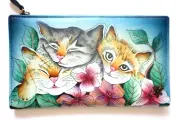 ANUSCHKA THREE KITTEN HAND-PAINTED LEATHER TWO-FOLD CLUTCH WALLET WITH RFID- NWT