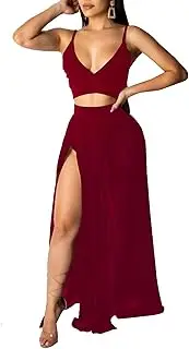[LYANER] Women's 2 Piece Outfits Deep V Neck Spaghetti Strap Sleeveless Crop Top and High Side Split Cocktail Maxi Skirt