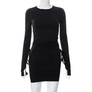 Long-Sleeve Slit Plain Mini Bodycon Dress M22DS422 - Black - M