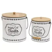 2x Willow & Silk Nested 27cm/22.5cm 'Happy Cat Treats' Tins/Bowl/Storage w/ Lids