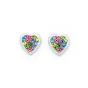 Silver Multi-col Crystal Heart Stud Earrings in Multi-colour